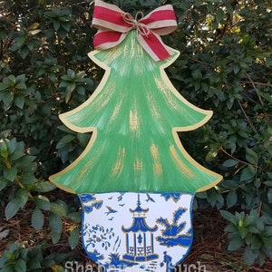 Chinoiserie Vase Urn With Christmas Tree Door Hanger, Door Hanger, Christmas Door Hanger, Available With Blue Or Red Chinoiserie Urn/Vase