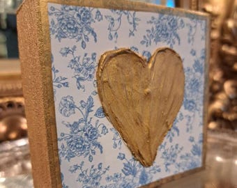 Textured Gold Heart Wood Block, Blue Chinoiserie, Shelf Decor