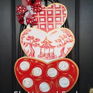 Chinoiserie Valentine Door Hanger Stacked Hearts Happy Valentine's Day Door Decor LARGE SIZE!!