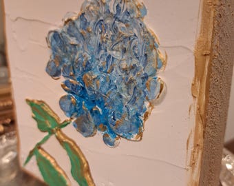 Textured Art Wood Block, Hydrangea Art, Grand Millennial Decor, Blue and White