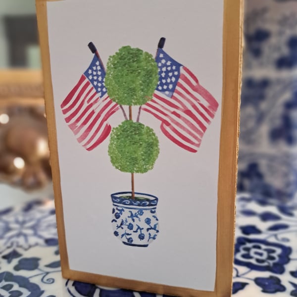 Chinoiserie Patriotic Blue and White Flags Wood Block Grand Millennial Decor