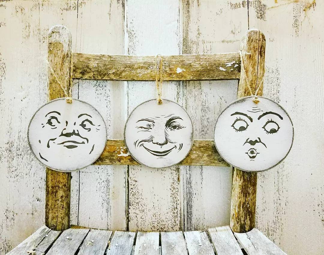 Man in the Moon Wood Ornaments, Moon Face Minis, Round Face Ornament