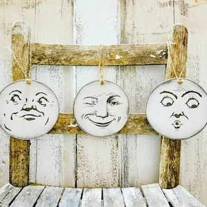 Man In The Moon Wood Ornaments, Moon Face Minis, Round Face Ornament, Halloween Ornaments, Set of Three!