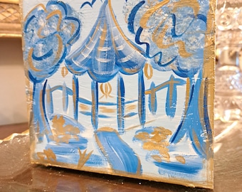 Textured Art Wood Block, Blue and White Pagoda Art, Chinoiserie, Grand Millennial Style