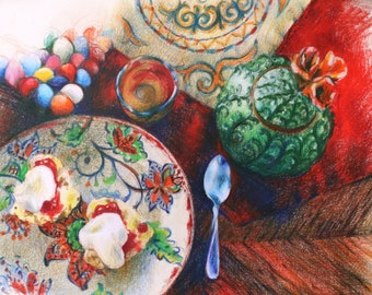 Scones and Raspberry Jam by the Bread Fairy, Colored Pencil & Crayon Drawing