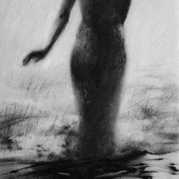 Haunting Figure Drawing Gothic Moody Dark Shadow Crayon Wading Water Fog Fine Art Wander IX