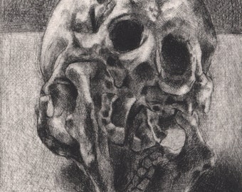 Macabre Creepy Skull No. 9, Hand Pulled Intaglio Print