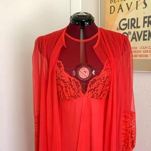 1970s Sears Red Nylon Chiffon and Lace Peignoir Set L XL As-Is