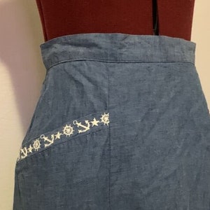 Vintage A-line Cotton Chambray Blue Nautical Skirt With Pockets XL Size 20