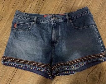 Beware Of Outlaw Imposters Denim Shorts With Floral Beaded And Woven Trim M/L