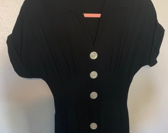 1950s Black Cotton/Linen Faux Button-Up Shirt Dress With Pleated Bust and Skirt XXS