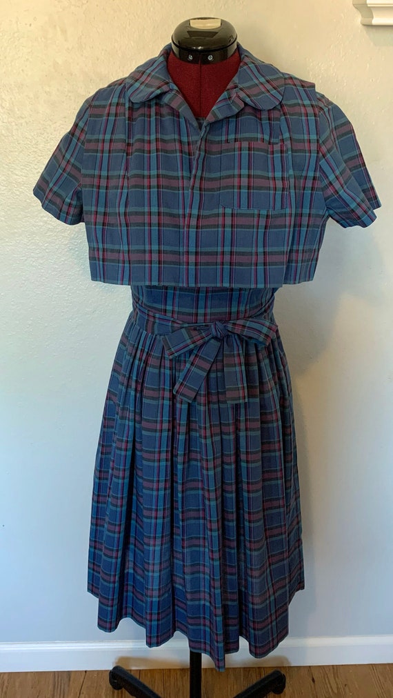 1950s Blue Plaid Day Dress with Vest and Sash XS
