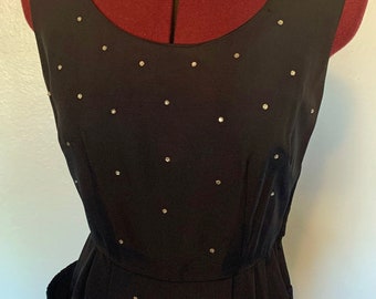 1950s 1960s Black Sleeveless Rhinestone Cocktail Dress With Pockets M As-Is