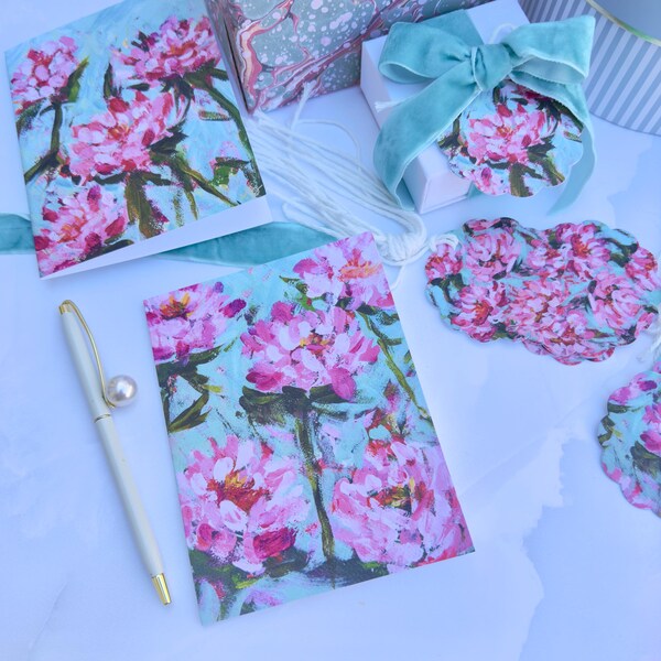 Set of 6 Pink Peony Blank A2 Notecards & Envelopes / Impressionistic Floral Art / Aqua / Pink
