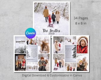8x8 Photo Book Canva Template - 34 Pages, Square Photo Album, Digital Scrapbook, Grid Photo Collage, Editable and Customizable Photobook