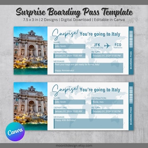 Modello di carta d'imbarco a sorpresa Canva, modificabile e personalizzabile, digitale, stampabile, biglietto aereo falso, vacanza, ricordo di viaggio, Italia