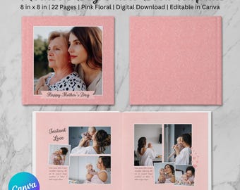 8x8 Mother’s Day Photo Book Canva Template, Pink Floral Square Design, Digital Scrapbook, Editable and Customizable Photobook, Gift for Mom