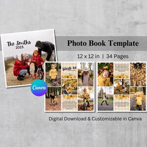 12x12 Photo Book Canva Template - 34 Pages, Square Photo Album, Digital Scrapbook, Grid Photo Collage, Editable and Customizable Photobook