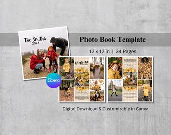 12x12 Photo Book Canva Template - 34 Pages, Square Photo Album, Digital Scrapbook, Grid Photo Collage, Editable and Customizable Photobook