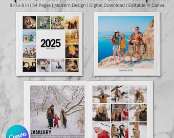 Szablon Canva do albumu fotograficznego 8x8 z podsumowaniem roku, kwadratowy album, nowoczesny design, cyfrowy album rodzinny, edytowalny i dostosowywany album fotograficzny