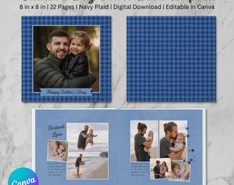 8x8 Father’s Day Photo Book Canva Template, Navy Plaid Square Design, Digital Scrapbook, Editable and Customizable Photobook, Gift for Dad