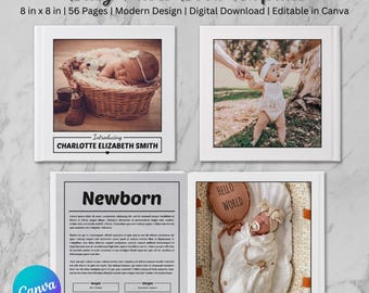 8x8 Baby Photo Book Canva Template, Gray Modern Square Design, Digital Scrapbook, Editable and Customizable Photobook