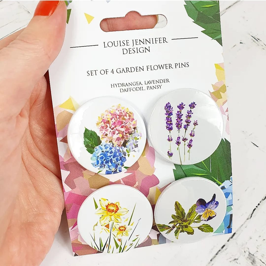 Set of 4 GARDEN FLOWER Pin Badges Garden Flowers Botanical Etsy
