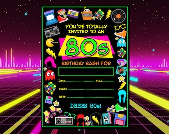 Inbjudan till 80-talsfödelsedag: Retro neonfest, redigerbar Canva-mall (nedladdning direkt)