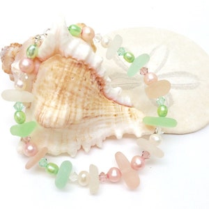 Genuine Pink, White and Mint Sea Glass & Freshwater Pearl Beaded Bracelet