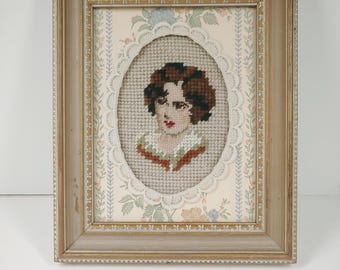 Vintage Needlepoint Portrait – Victorian Style Girl Under Glass – Age of Innocence Inspired – Rococo Revival Wall Art – 8x6.5 Frame