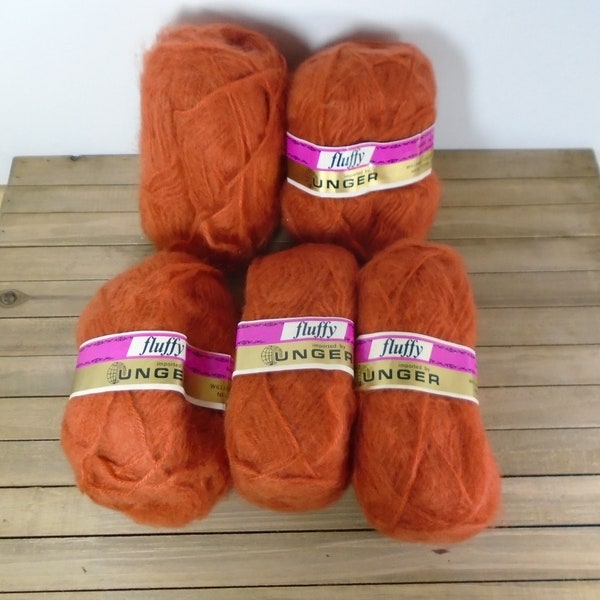 Fluffy Yarn By Unger Vintage Burnt Orange Rust Color Make in France Lot of 5 Skeins