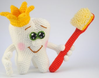 Crochet PATTERN Tooth - crocheted tooth PDF pattern - amigurumi tooth and brush - English pattern