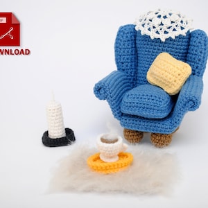 Crochet PATTERN miniature Armchair, pillow, candle, doily and rug - crocheted amigurumi armchair - PDF pattern mini armchair