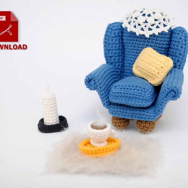 Crochet PATTERN miniature Armchair, pillow, candle, doily and rug - crocheted amigurumi armchair - PDF pattern mini armchair