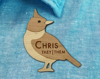 Lark Contra Dancing Pin, Name Tag, Laser Cut Wood, Personalize