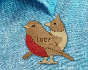 Lark and Robin Contra Dancing Pin, Name Tag, Laser Cut Wood, Personalize