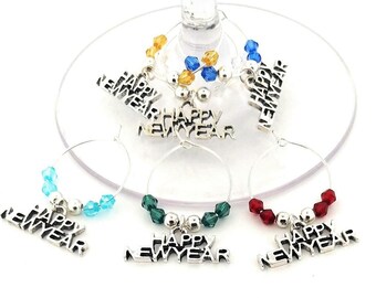 New Year's Eve Wine Charms - Happy New Year Silver tone - 6 per set