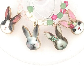 Easter Bunny Wine Charms -  Bunny Faces - 4 Pack