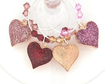 Valentine's Day Heart Wine Charms With Gift Bag and Be Mine Label, Heart Glass Tag Identifiers, Glass Markers, 4 Pack