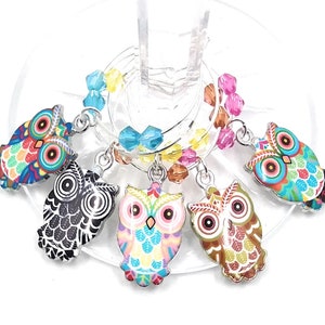 Owl Wine Glass Charms, Owl Gifts, Owl Glass Identifier Tags , Owl Glass Marker Charms, Owl Glass Labels 5 Wine Charms/pack image 1