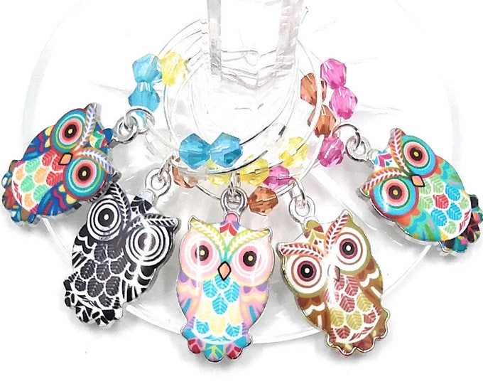 Owl Wine Charms Glass Tag Identifiers - 5 Per Set