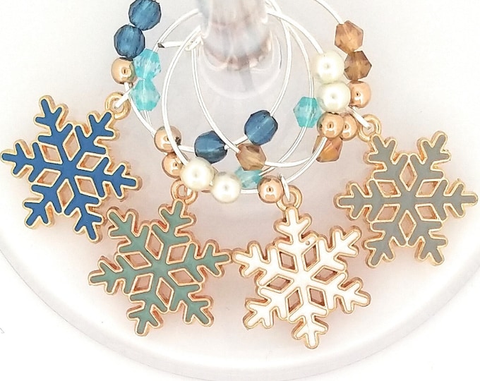 Hanukkah or Christmas Wine Charms - Snowflakes Winter Fun, 6 pack - Party Favor Packaging Option Available