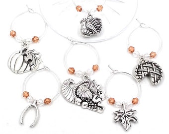 Thanksgiving Wine Charms - Silvertone 6/pack - Party Favor Packaging Option Available