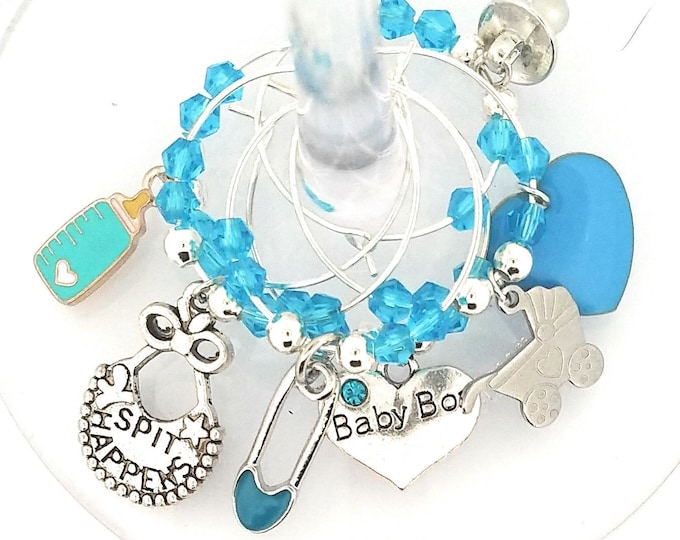 Baby Shower Wine Charms - Baby Reveal Party Supplies - Baby Boy Blue - 6 pack