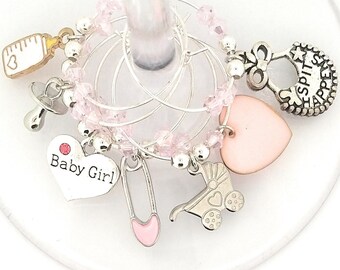 Baby Shower Wine Charms - Baby Reveal Party Supplies - Baby Girl Pink - 6 pack