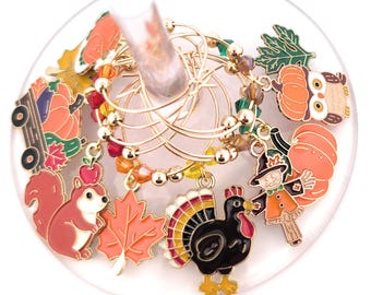 Autumn Enamel Wine Charms – Halloween, Thanksgiving, Fall Party Favors and Gifts (10/PK)