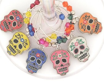 Cinco De Mayo Wine Charms - Day Of The Dead Sugar Skulls Set, 6 pack - Party Favor Packaging Available