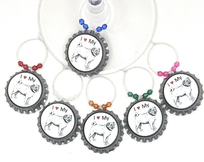 Pug Dog Wine Charms - Choose from 15 breeds - Set Of 6 - Collies, Dachshund, Chihuahua, Bulldog, Boxer, Terrier, Beagle, Cocker Spaniel Etc.