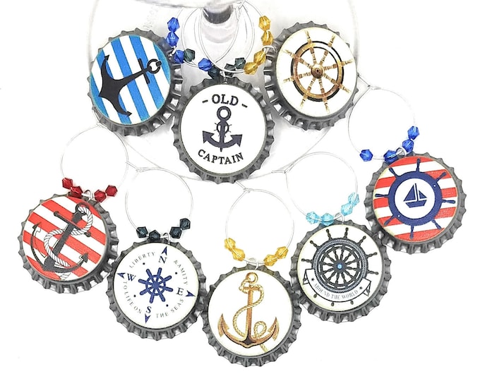 Nautical Bottle Cap Wine Charms - 8 per set