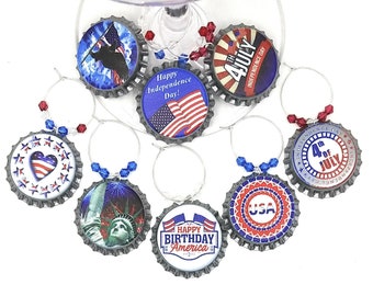 Fourth Of July Bottle Cap Wine Charms  8/pack